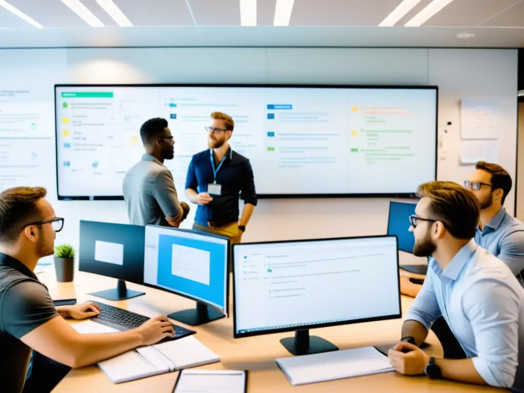 Equipo de desarrolladores colaborando en el desarrollo de apps de navegación en una sala luminosa llena de diagramas y discusiones intensas