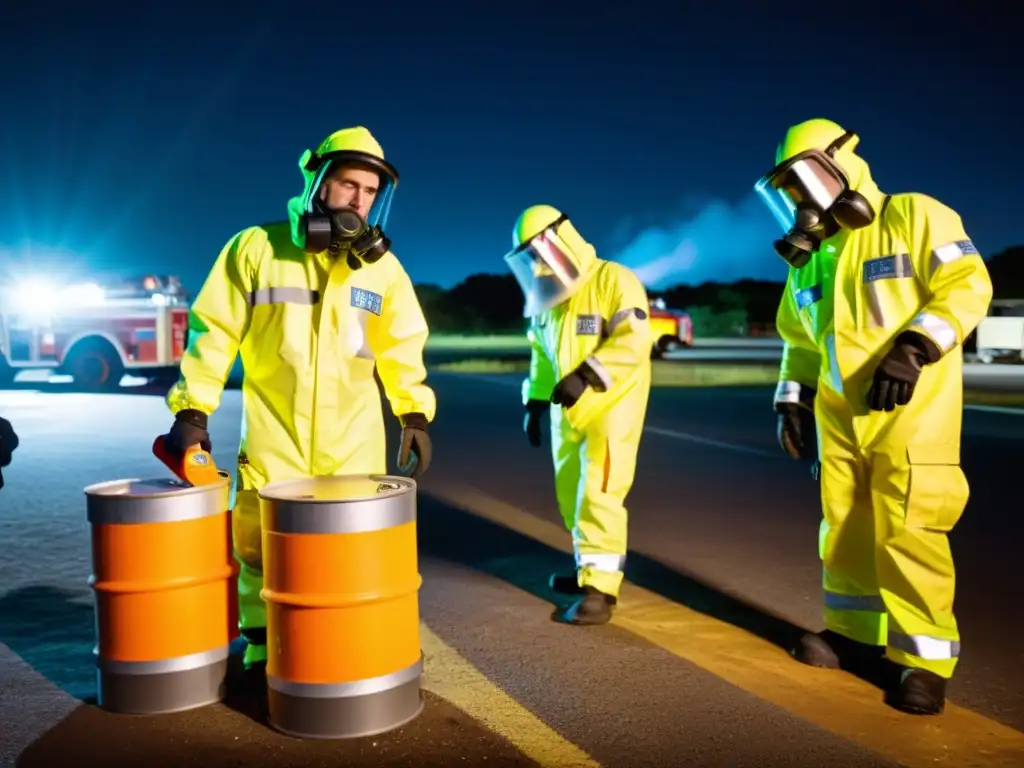 Equipo de emergencia inspeccionando y asegurando derrame de sustancias químicas