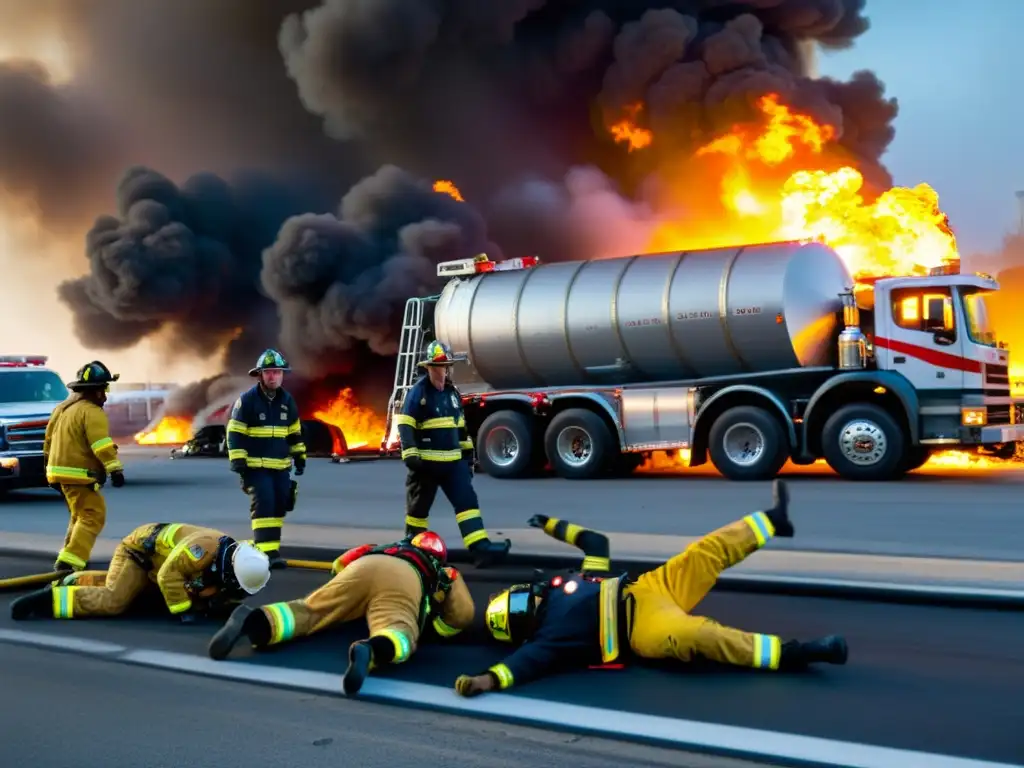 Equipo de emergencia atendiendo desastre en transporte de mercancías peligrosas, con humo y luces de emergencia