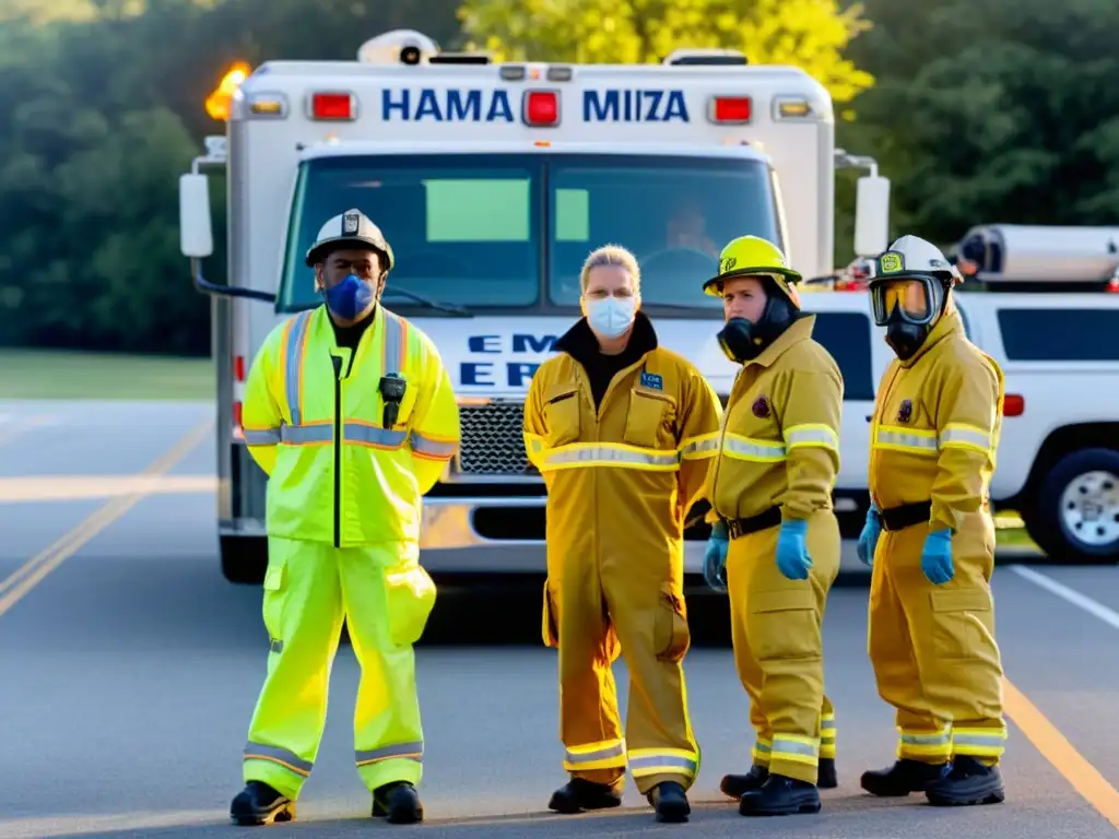 Equipo de emergencia en escena de riesgo químico, siguiendo protocolos de actuación emergencias mercancías peligrosas