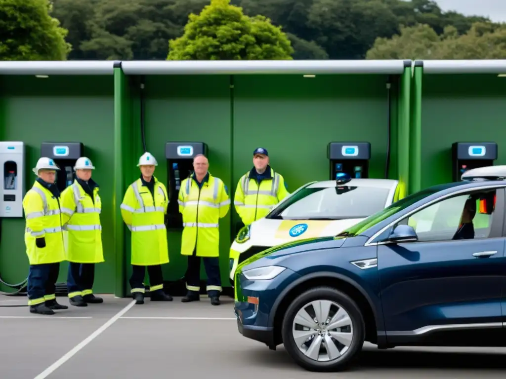 Equipo de emergencia en punto carga de vehículos eléctricos, demostrando medidas seguridad