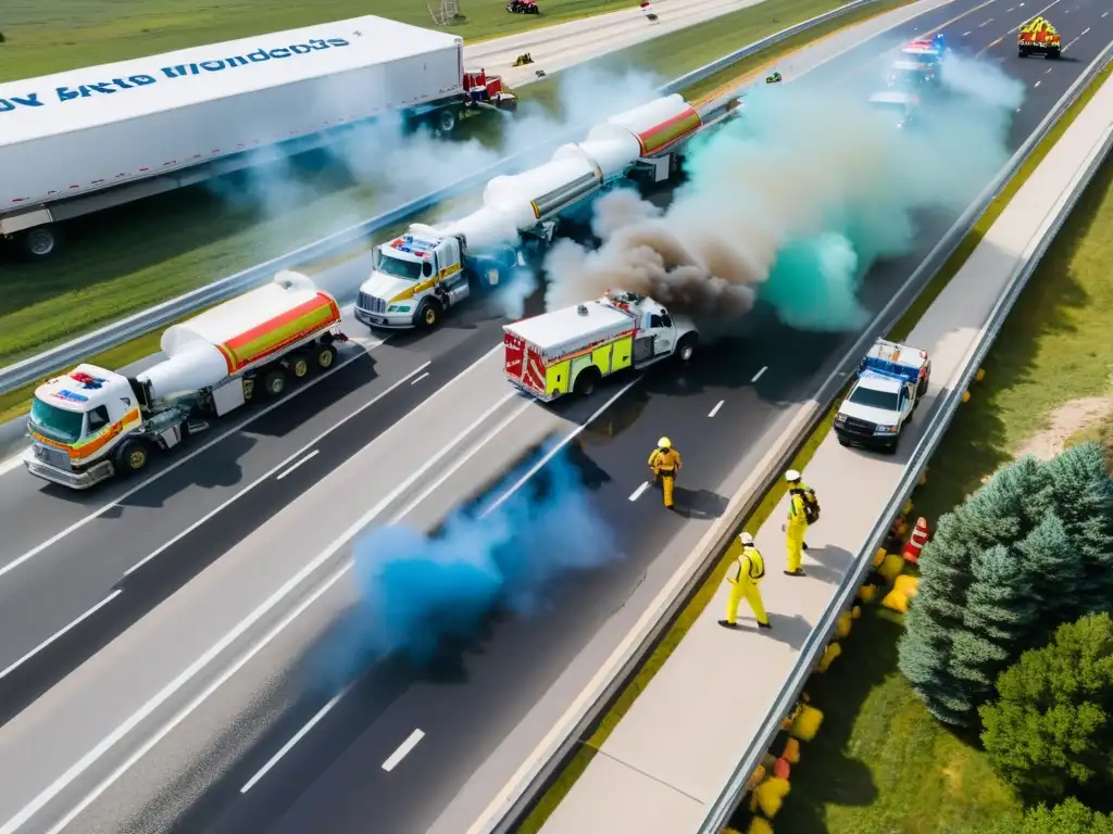 Equipo de emergencia en trajes hazmat coordina la contención de un derrame químico en una autopista, destacando la urgencia en protocolos de actuación emergencias mercancías peligrosas