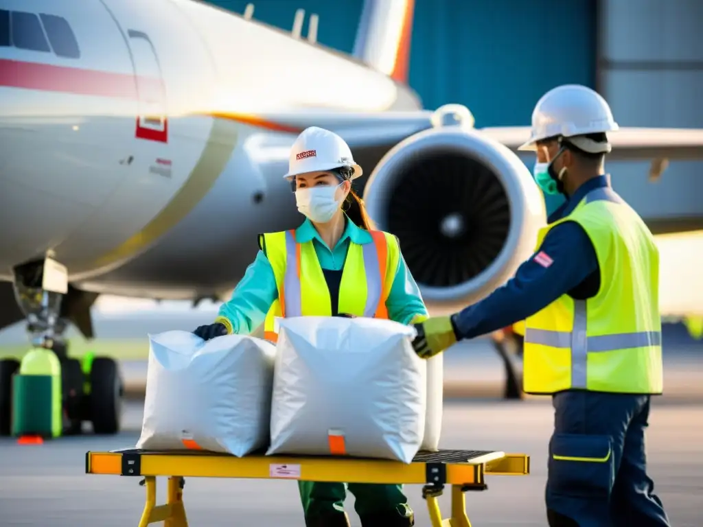 Transporte seguro: Carga de materiales peligrosos en avión Equipo cargando cuidadosamente envío mercancías peligrosas para transporte aéreo, resaltando seguridad y profesionalismo