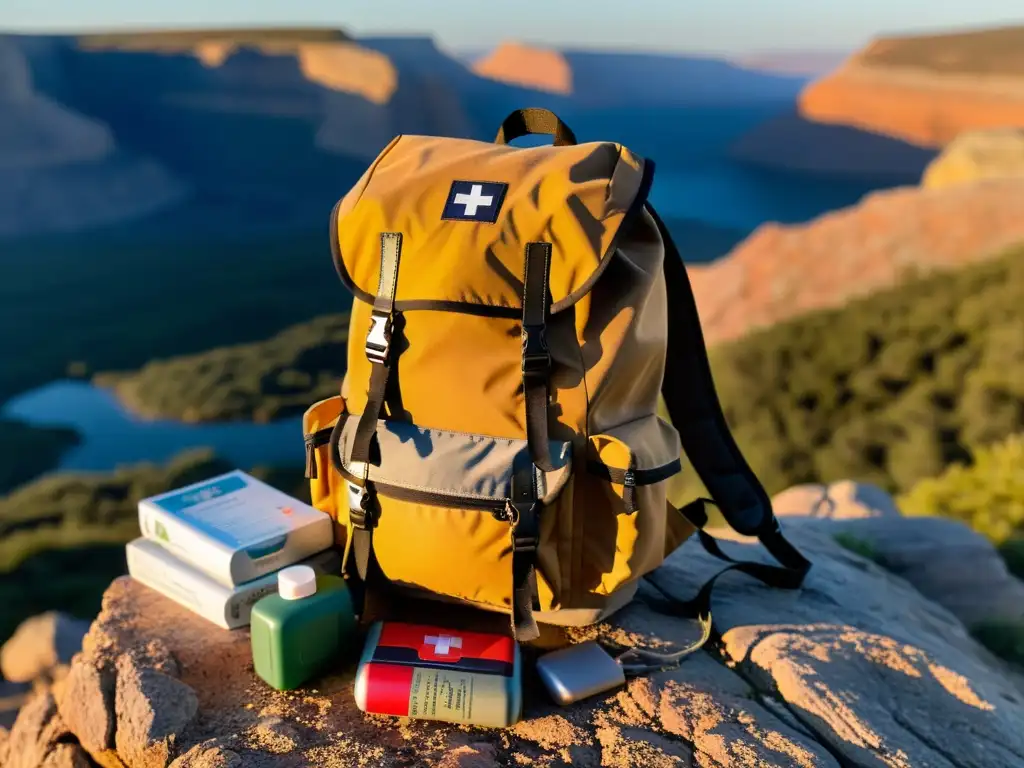 Un equipo esencial para viajero aventurero descansa sobre una roca al atardecer, con el sol dorado iluminando la escena