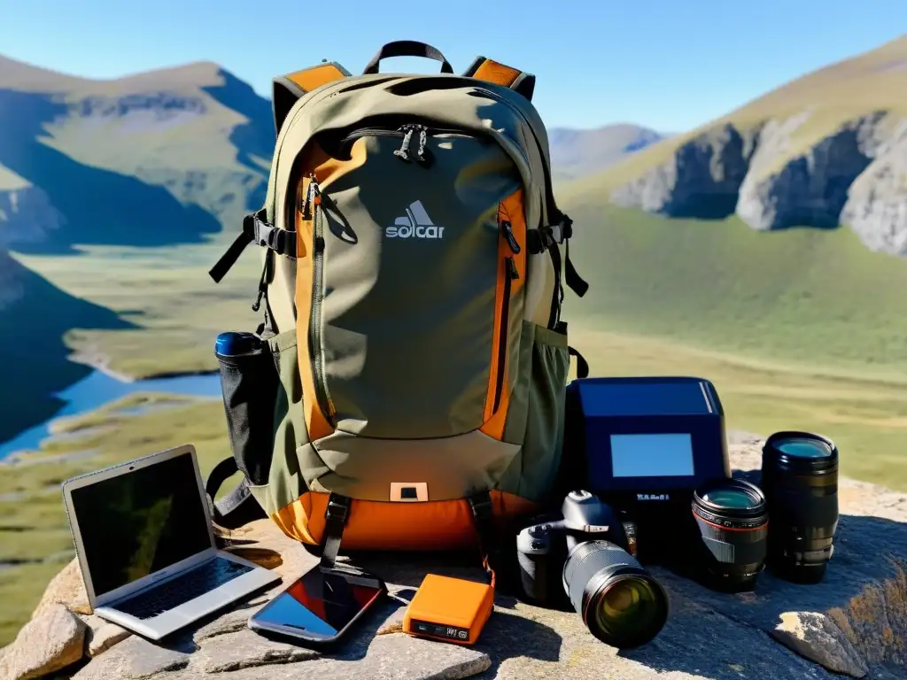 Equipo esencial para viajero aventurero: Mochila llena de tecnología, botas de montaña, cámara capturando paisaje montañoso y manos ajustando GPS