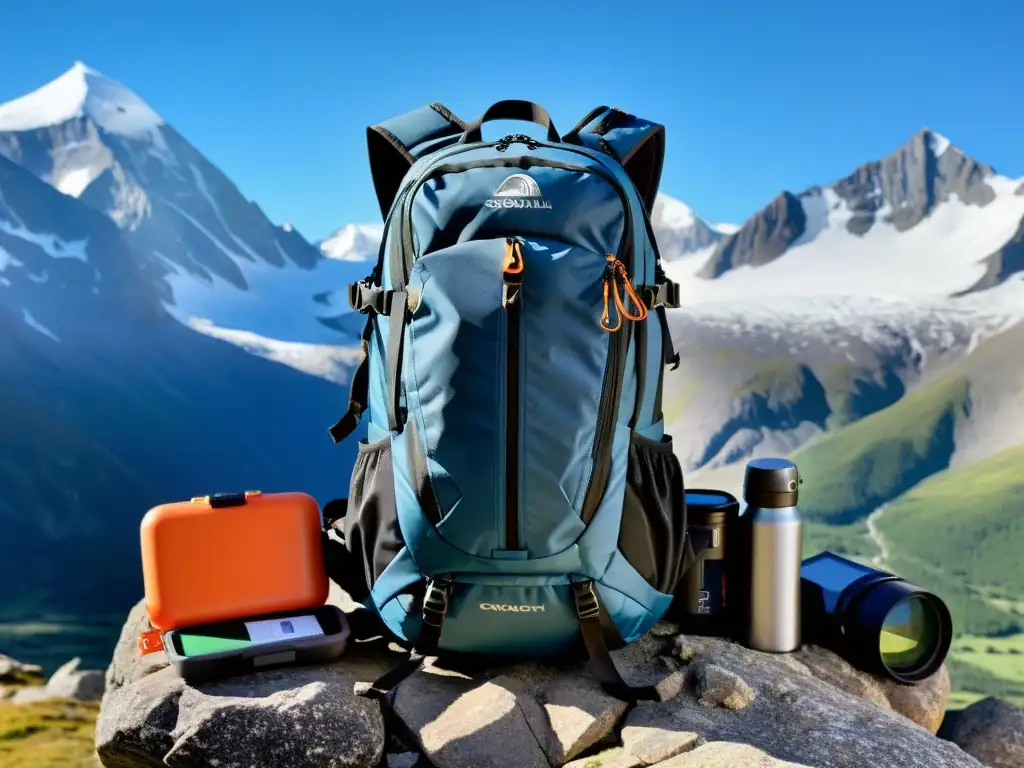 Equipo esencial para viajero aventurero: mochila en paisaje montañoso con tecnología para supervivencia