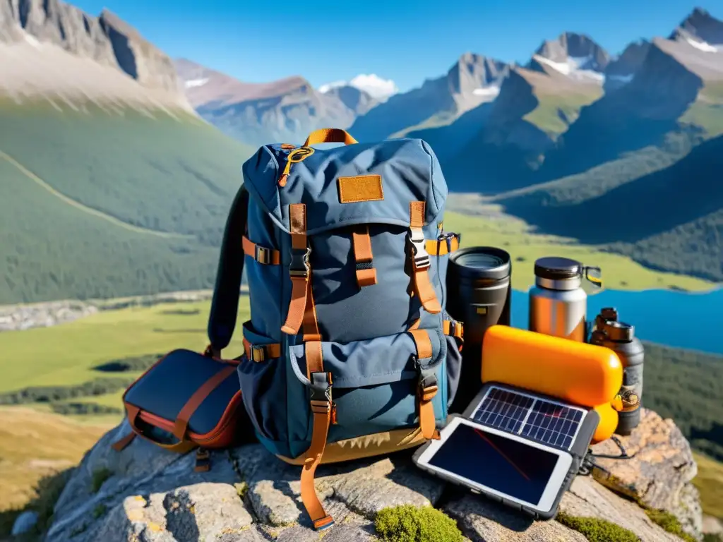 Equipo esencial para viajero aventurero: Mochila resistente con gadgets tecnológicos, en paisaje montañoso soleado