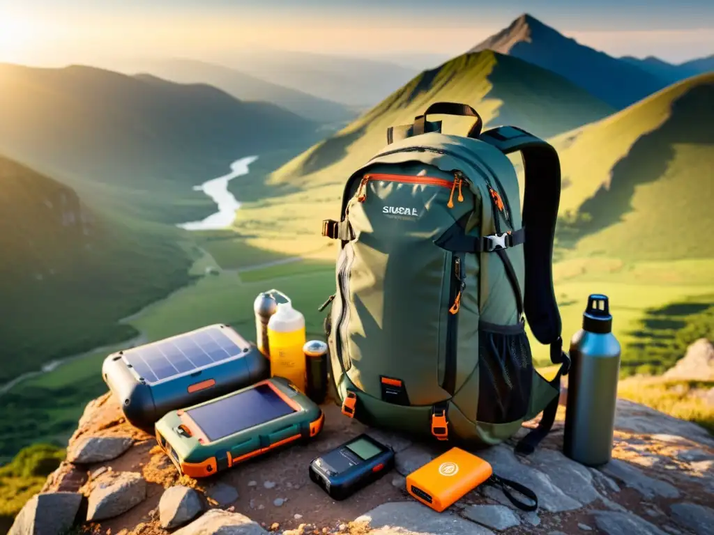 Equipo esencial para viajero aventurero: Mochila resistente repleta de gadgets de supervivencia en paisaje montañoso al atardecer