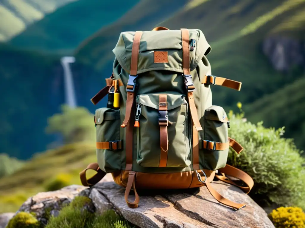 Equipo esencial para viajero aventurero: Mochila resistente llena de gadgets de viaje, rodeada de naturaleza salvaje