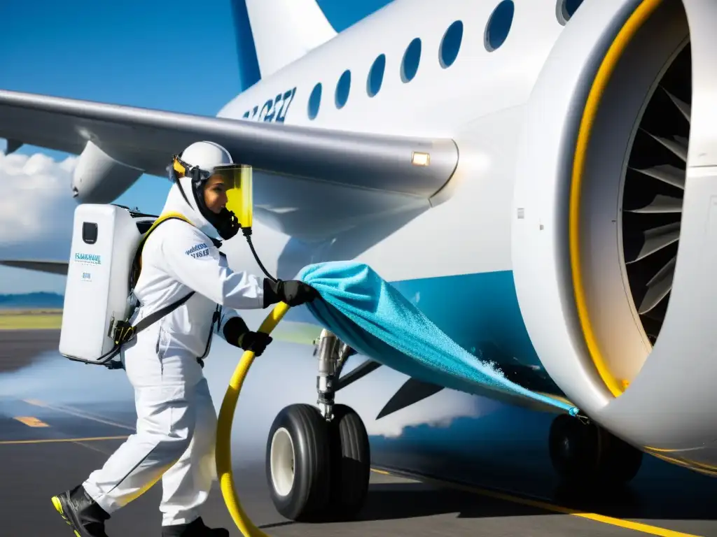 Un equipo especializado realiza meticulosamente el mantenimiento e higiene de una aeronave en altitud, resaltando su profesionalismo y dedicación