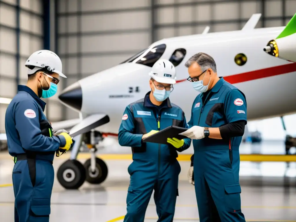 Un equipo especializado inspecciona con precisión los componentes eléctricos de un avión eléctrico, resaltando la tecnología y el mantenimiento