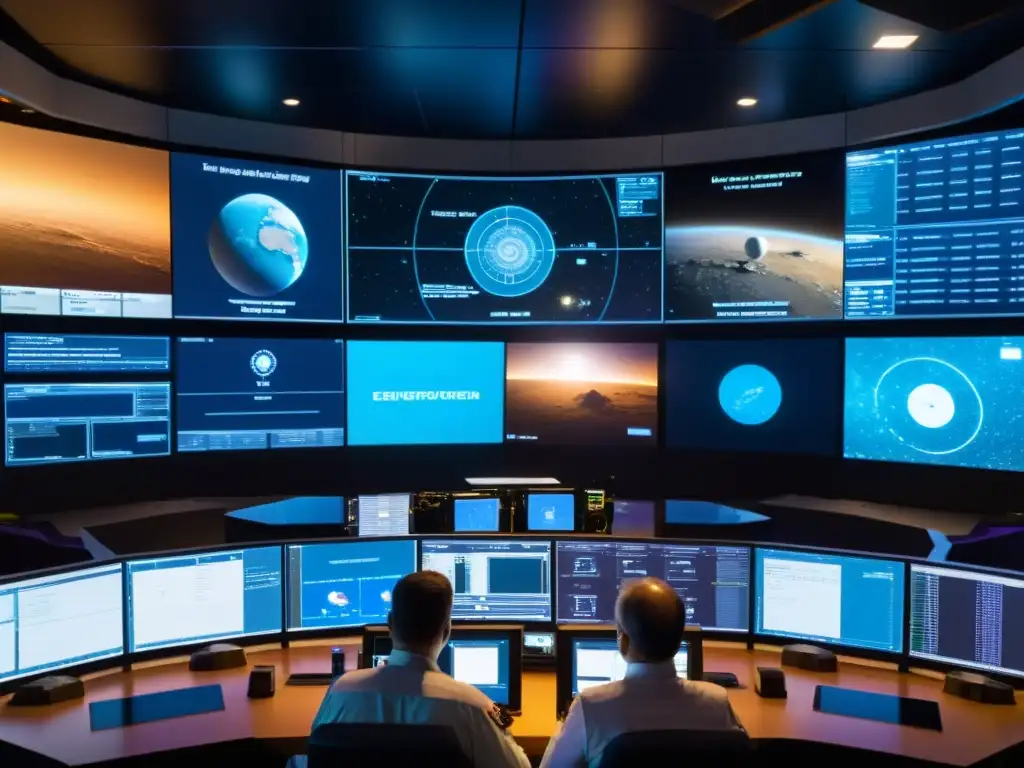 Misión espacial: Equipo científico en control Equipo de expertos en desarrollo de sondas espaciales sistema solar analizando datos en centro de control de misión espacial de alta tecnología