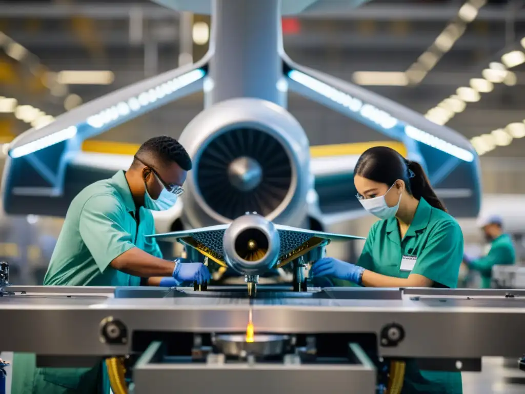 Equipo de ingenieros aeroespaciales ensamblan con precisión herramientas clave en la fabricación de aviones, en un ambiente tecnológico y enfocado