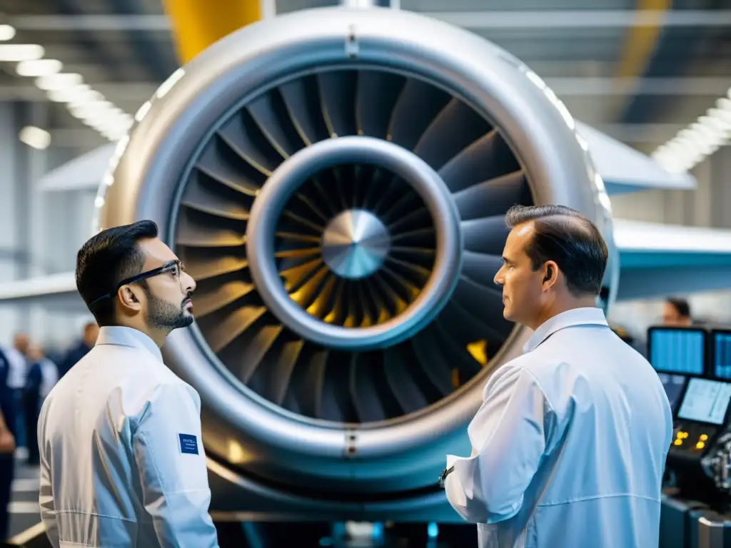 Un equipo de ingenieros aeroespaciales inspecciona detalladamente un motor de avión con herramientas de inspección aeronáutica seguras