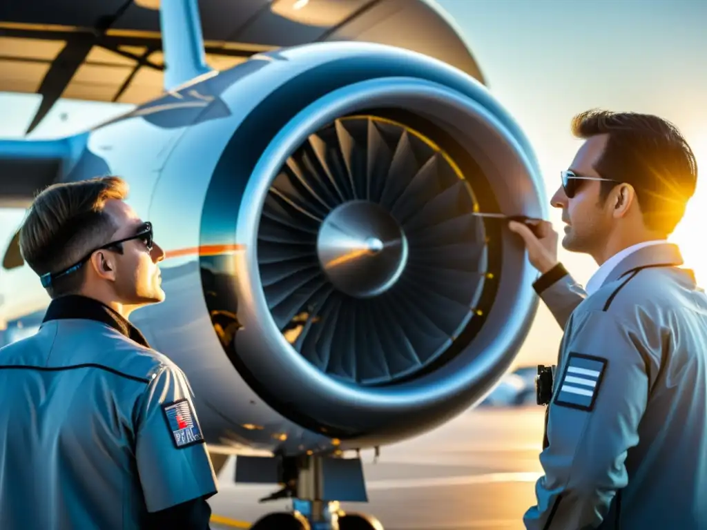 Un equipo de ingenieros aeronáuticos inspecciona con precisión el exterior de un avión utilizando herramientas de inspección aeronáutica seguras