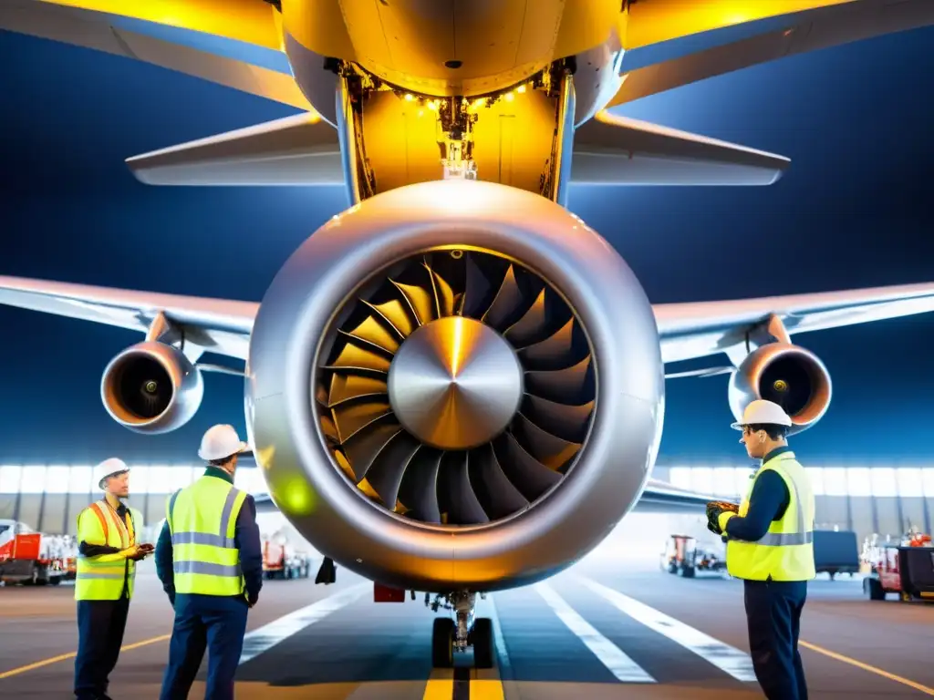 Un equipo de ingenieros aeronáuticos inspecciona meticulosamente el motor de un avión