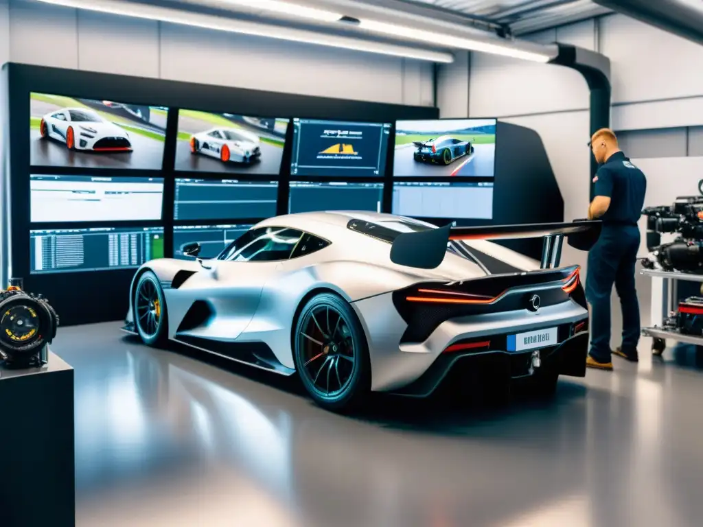 Un equipo de ingenieros modifica un auto de carrera en un taller de vanguardia, en cumplimiento de normativas reducción emisiones deporte automotor