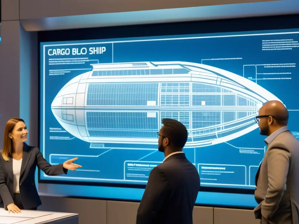 Un equipo de ingenieros y diseñadores discuten sobre un blueprint digital de un barco futurista