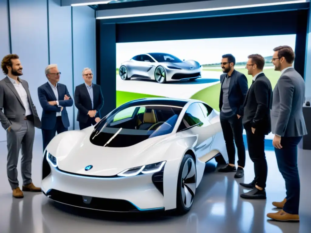 Un equipo de ingenieros y diseñadores discute con entusiasmo alrededor de un prototipo de vehículo eléctrico innovador en un avanzado centro de desarrollo automotriz