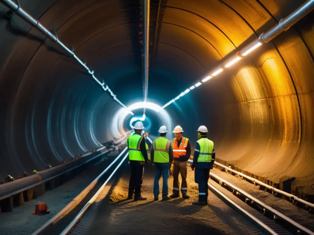 Un equipo de ingenieros examina con determinación la infraestructura en un túnel urbano, enfrentando desafíos de ingeniería túneles urbanos