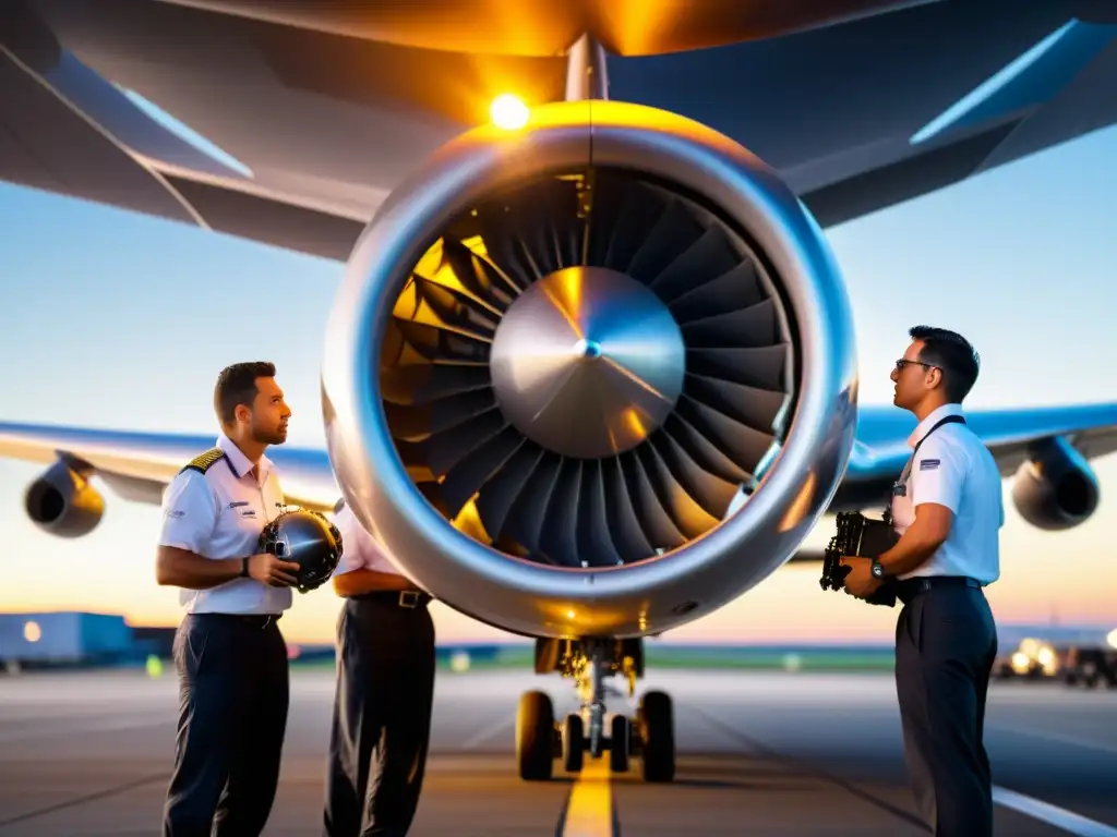 Inspección detallada del motor de avión por ingenieros especializados Equipo de ingenieros evaluando detalladamente el motor de un avión comercial, garantizando seguridad y evaluando riesgos en la industria aeronáutica