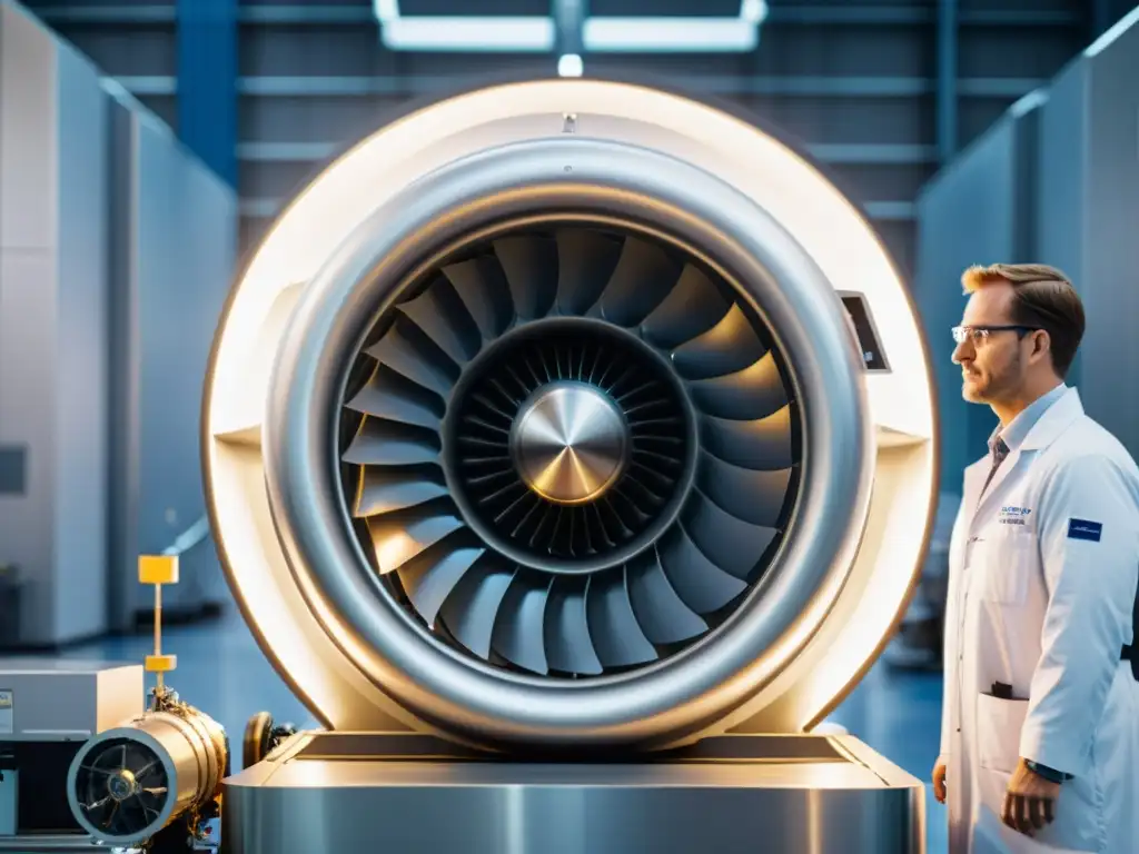 Equipo de ingenieros examina motor de avión eficiente en instalación de aviación avanzada