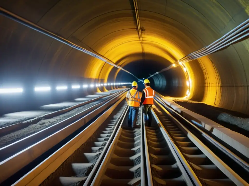 Equipo de ingenieros y obreros operando maquinaria pesada en un túnel urbano, mostrando los desafíos de la ingeniería de túneles urbanos