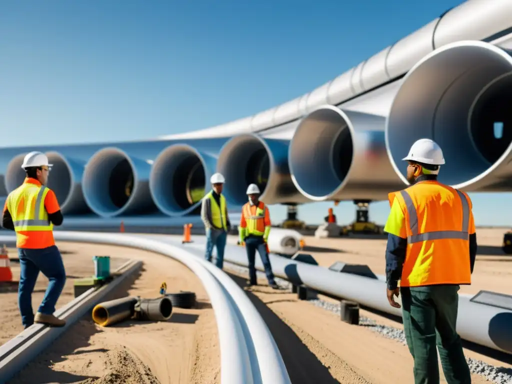 Equipo de ingenieros y obreros construyendo la pista del Hyperloop con maquinaria y herramientas futuristas