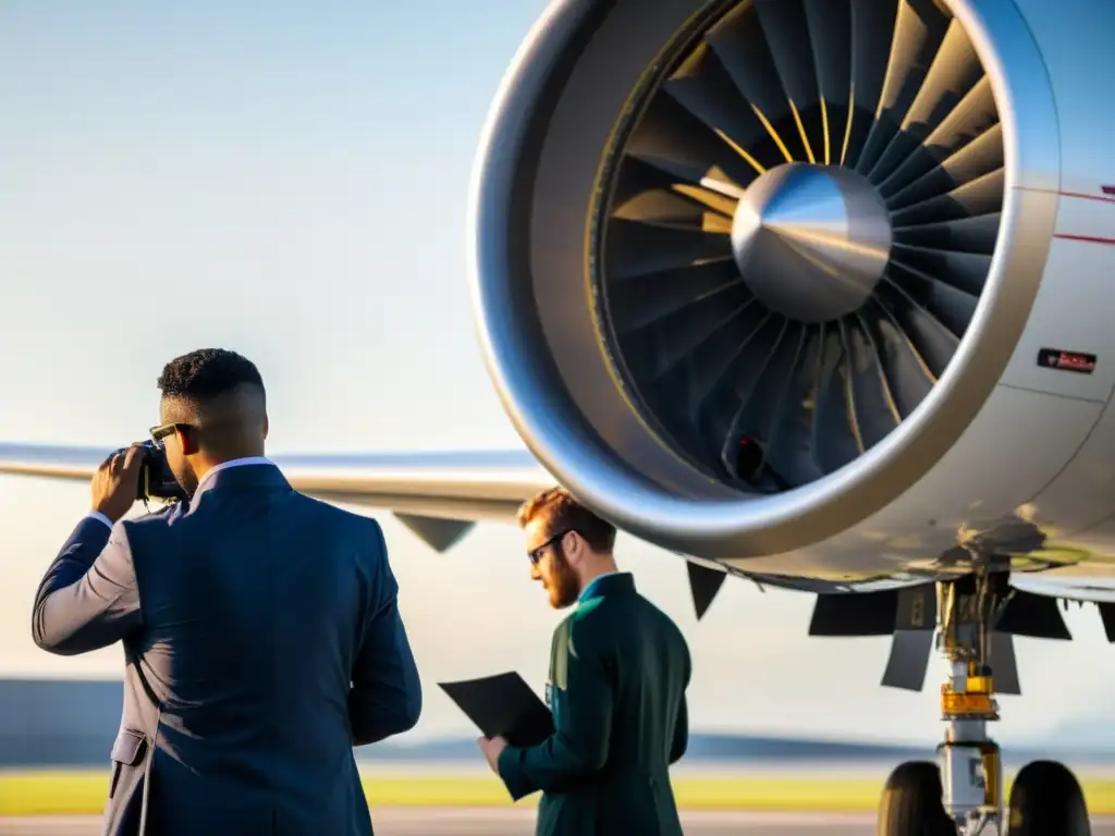 Inspección minuciosa de avión: equipo de expertos en seguridad aérea Un equipo de ingenieros y técnicos de aviación inspecciona detalladamente un avión comercial en la pista, garantizando la seguridad y evaluando riesgos con dedicación y experiencia