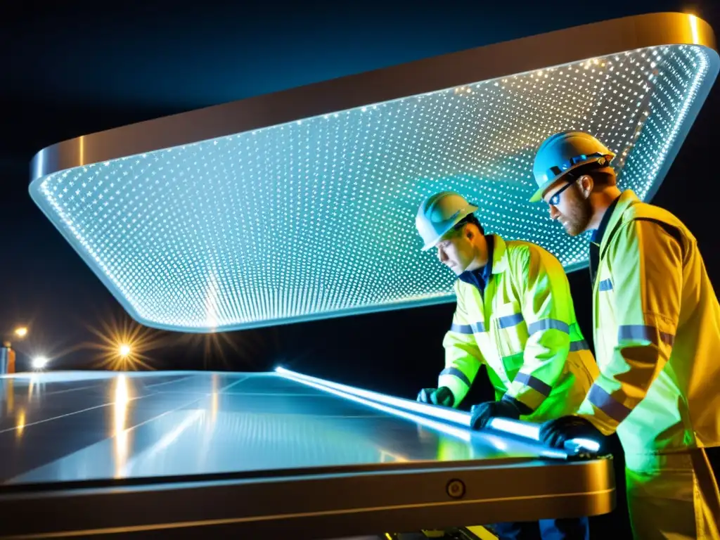 Equipo de ingenieros y técnicos inspeccionando detalladamente un panel de material compuesto para construcción de aeronaves