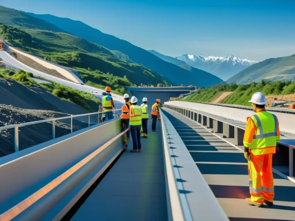 Equipo de ingenieros y trabajadores refuerzan infraestructuras de transporte en zonas sísmicas, mostrando dedicación y experiencia en la construcción