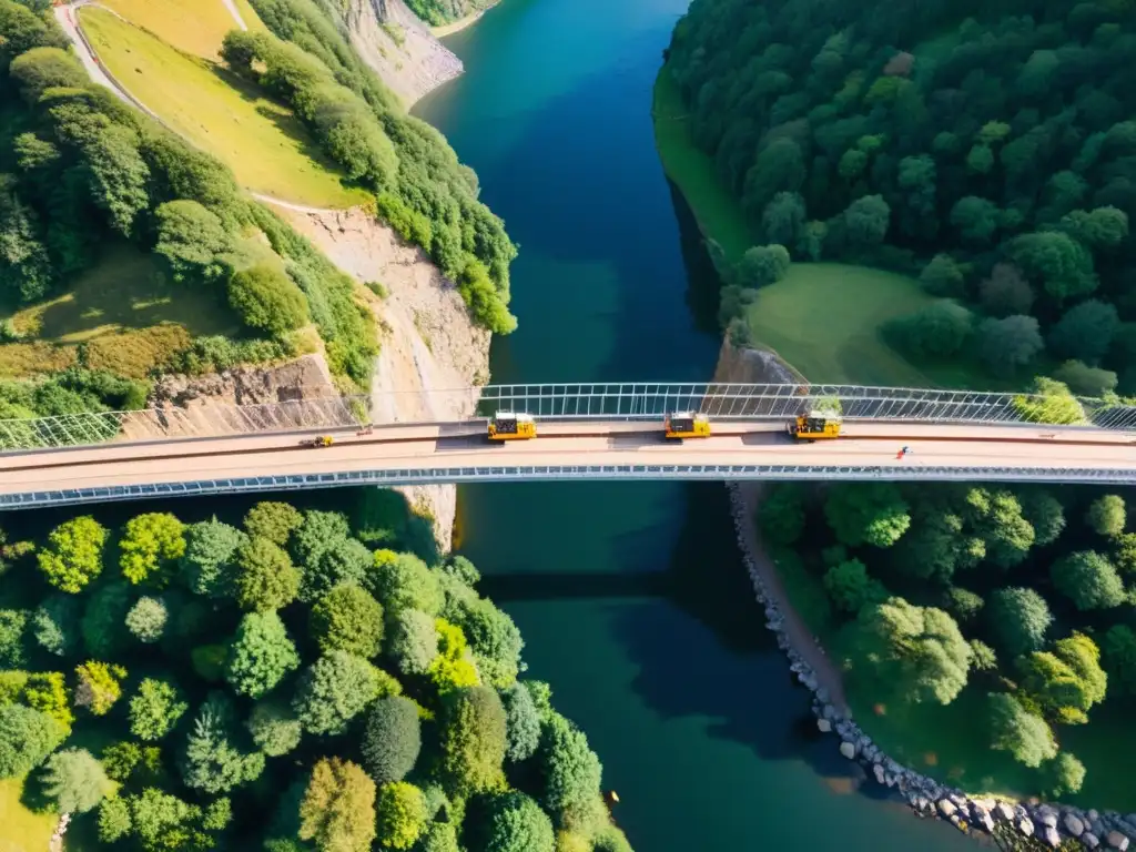 Un equipo de ingenieros y trabajadores construyendo un puente colgante sobre un paisaje impresionante