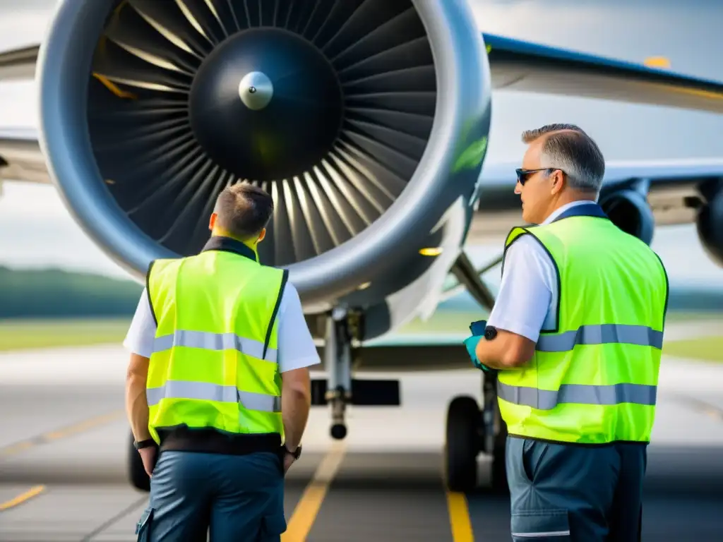 Un equipo de inspectores de aeronaves, meticulosos y enfocados, examina con precisión las herramientas de inspección aeronáutica seguras