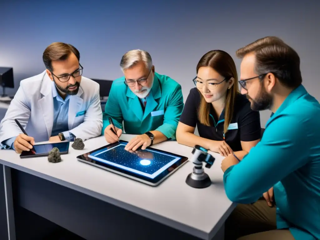 Equipo internacional de científicos discutiendo hallazgos y colaborando en proyectos de exploración de asteroides con tecnologías avanzadas