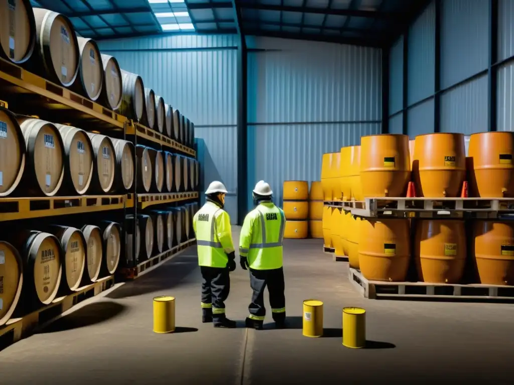 Equipo de manejo seguro de materiales peligrosos inspeccionando barriles en almacén industrial con urgencia y precisión