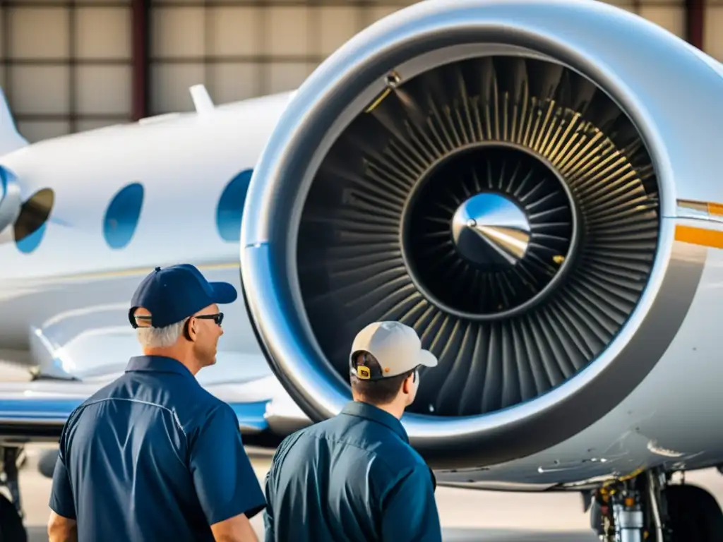 Equipo de mantenimiento de jets privados en acción, garantizando la excelencia en la aviación alta