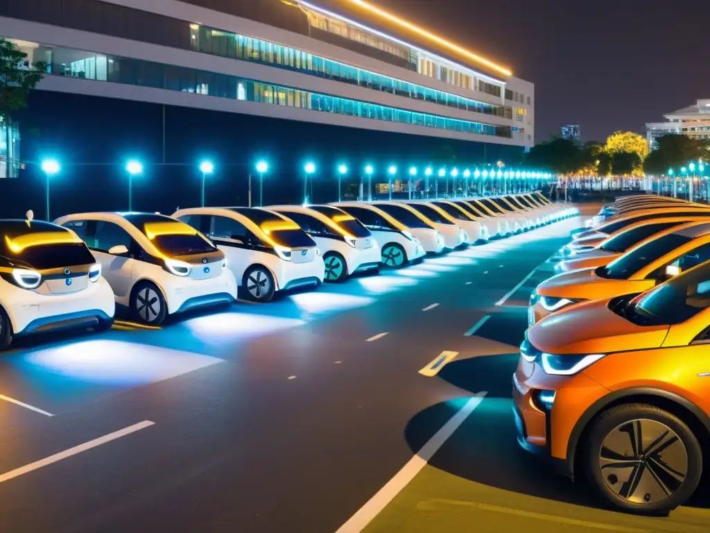 Equipo de mantenimiento realiza tareas en flota de car sharing eléctricos en la ciudad de noche, destacando desafíos logísticos en Car Sharing