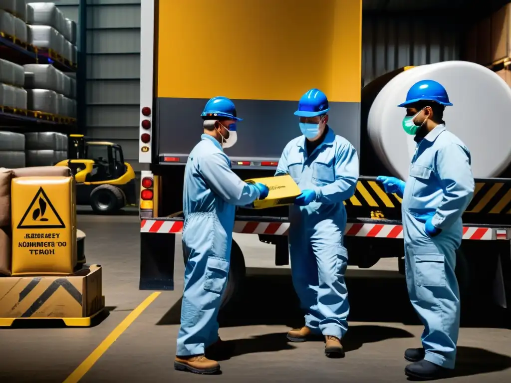 Equipo inspeccionando y cargando materiales peligrosos con determinación en almacén industrial