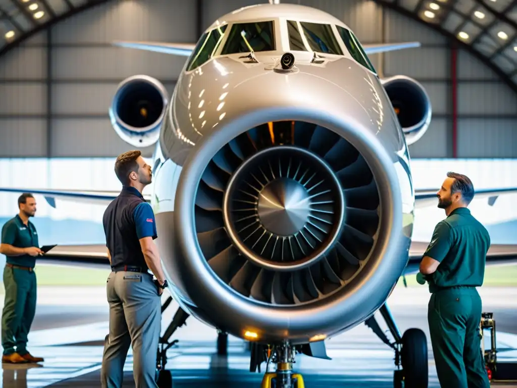 Un equipo de mecánicos especializados inspecciona minuciosamente el motor de un lujoso jet privado en un hangar espacioso y bien iluminado, mostrando meticuloso mantenimiento en la aviación alta