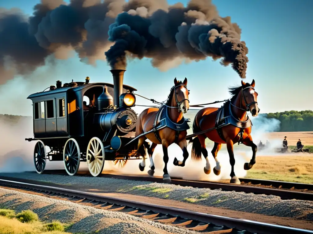 Un equipo de poderosos caballos tira de una locomotora de vapor a través de un paisaje industrial, destacando el vínculo milenario entre caballo y transporte durante la revolución industrial