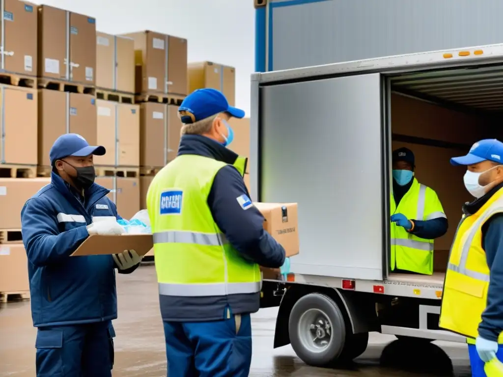 Equipo descarga productos perecederos de camión refrigerado en emergencia, supervisando temperatura