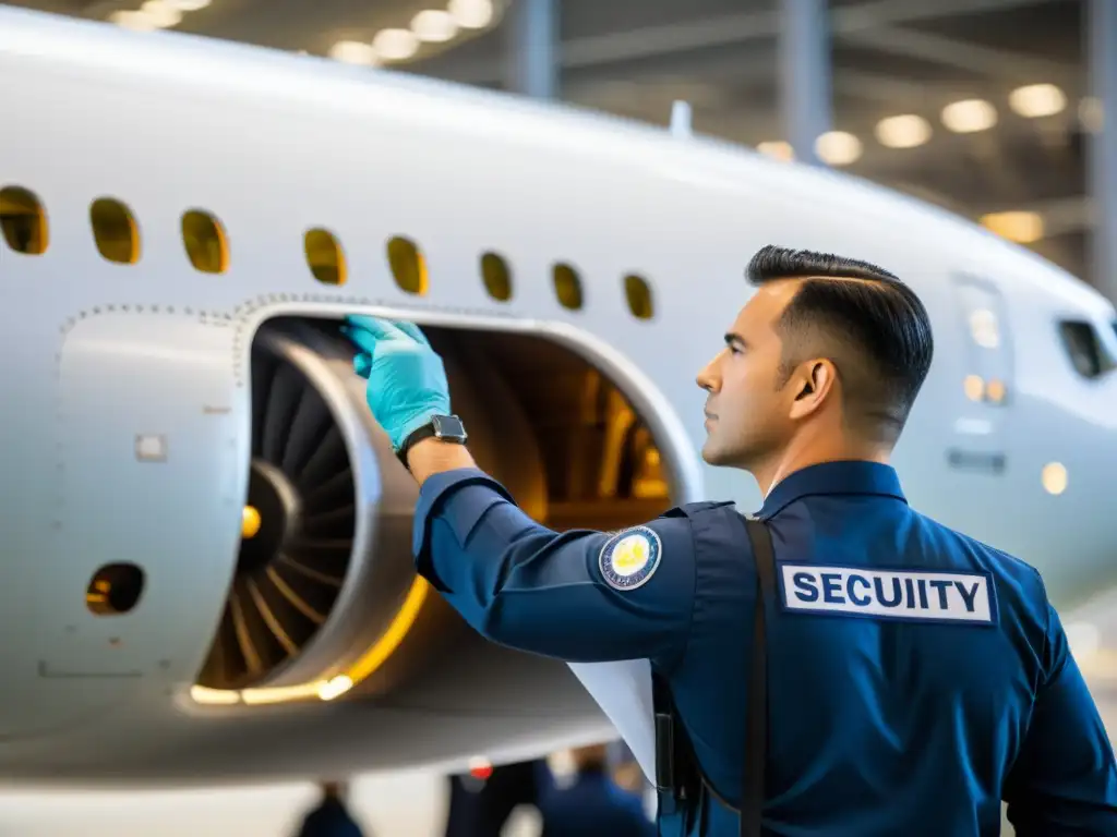 Un equipo de seguridad aeroportuaria realiza una exhaustiva inspección de un avión, cumpliendo normativas internacionales seguridad transporte aéreo