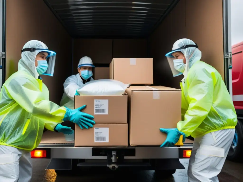 Equipo trabajando en soluciones emergencia logística frío, descargando suministros médicos con eficiencia y urgencia