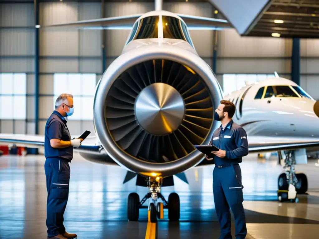 Un equipo de técnicos altamente capacitados realiza un meticuloso mantenimiento al motor de un jet privado en un hangar de última generación