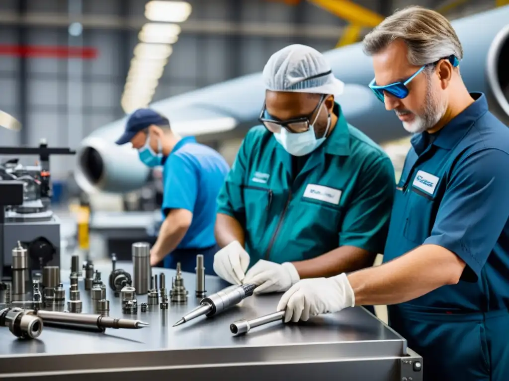 Un equipo de técnicos especializados inspecciona y mantiene herramientas clave en la fabricación de aviones, rodeados de maquinaria avanzada