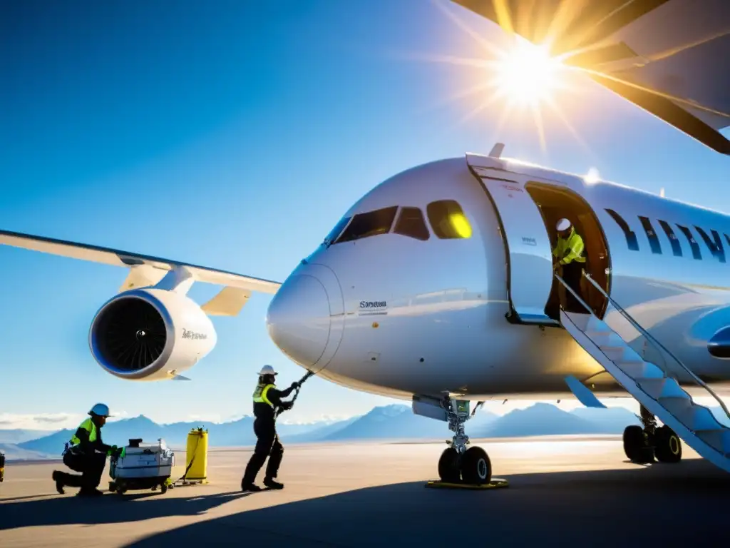 Equipo de técnicos especializados realiza mantenimiento e higiene en aeronave a gran altitud, con la luz del atardecer y montañas de fondo