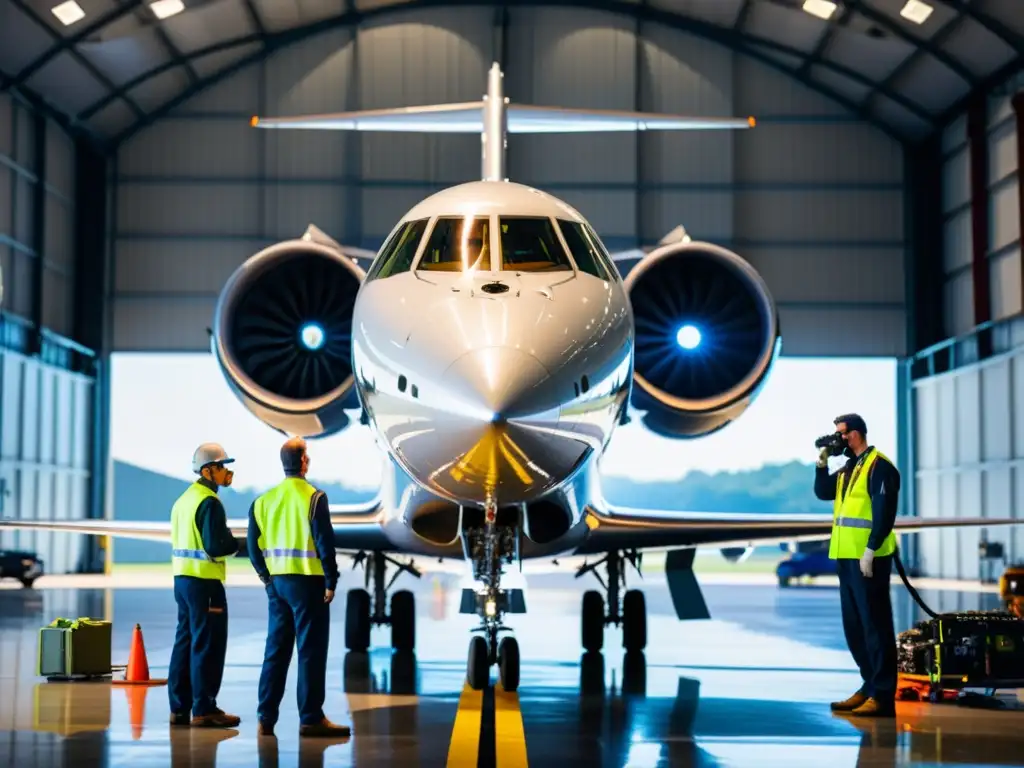 Equipo de técnicos especializados realiza meticuloso mantenimiento a un jet privado en hangar de alta tecnología