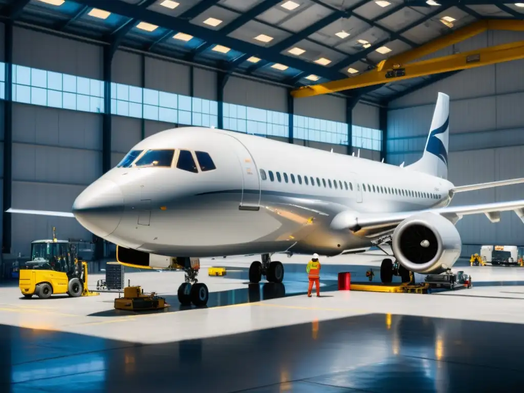 Un equipo de técnicos expertos realizando inspecciones y reparaciones en un hangar de mantenimiento de aeronaves, mostrando precisión y compromiso