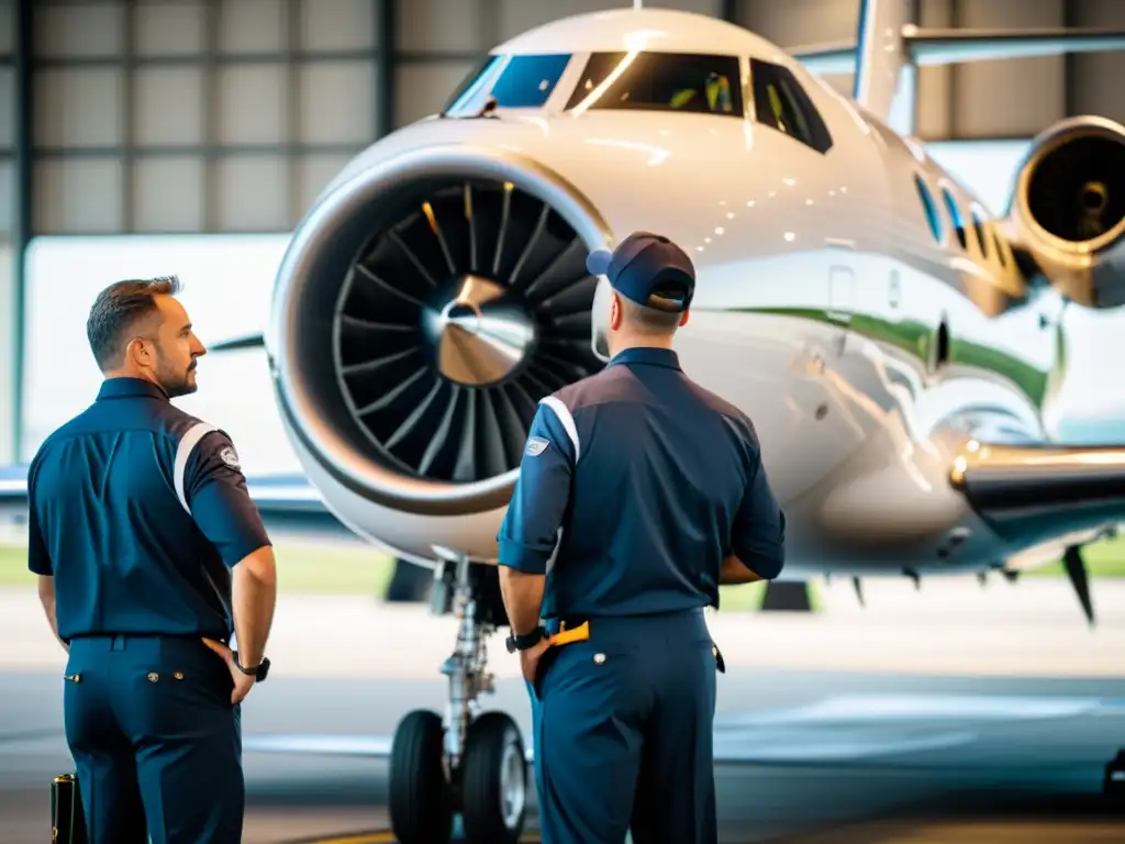 Equipo de técnicos expertos realiza meticuloso mantenimiento de motor en jet privado de alta gama, transmitiendo excelencia en aviación