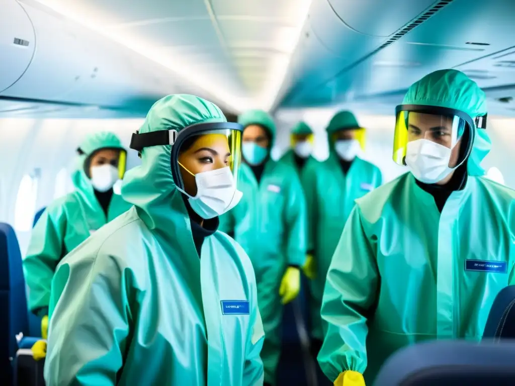 Equipo de técnicos desinfectando a fondo el interior de una aeronave comercial con tecnología de punta, manteniendo la higiene aeronaves altitud